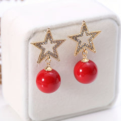 Christmas Snowflake Red Faux Pearl Earrings Retro Party Jewelry
