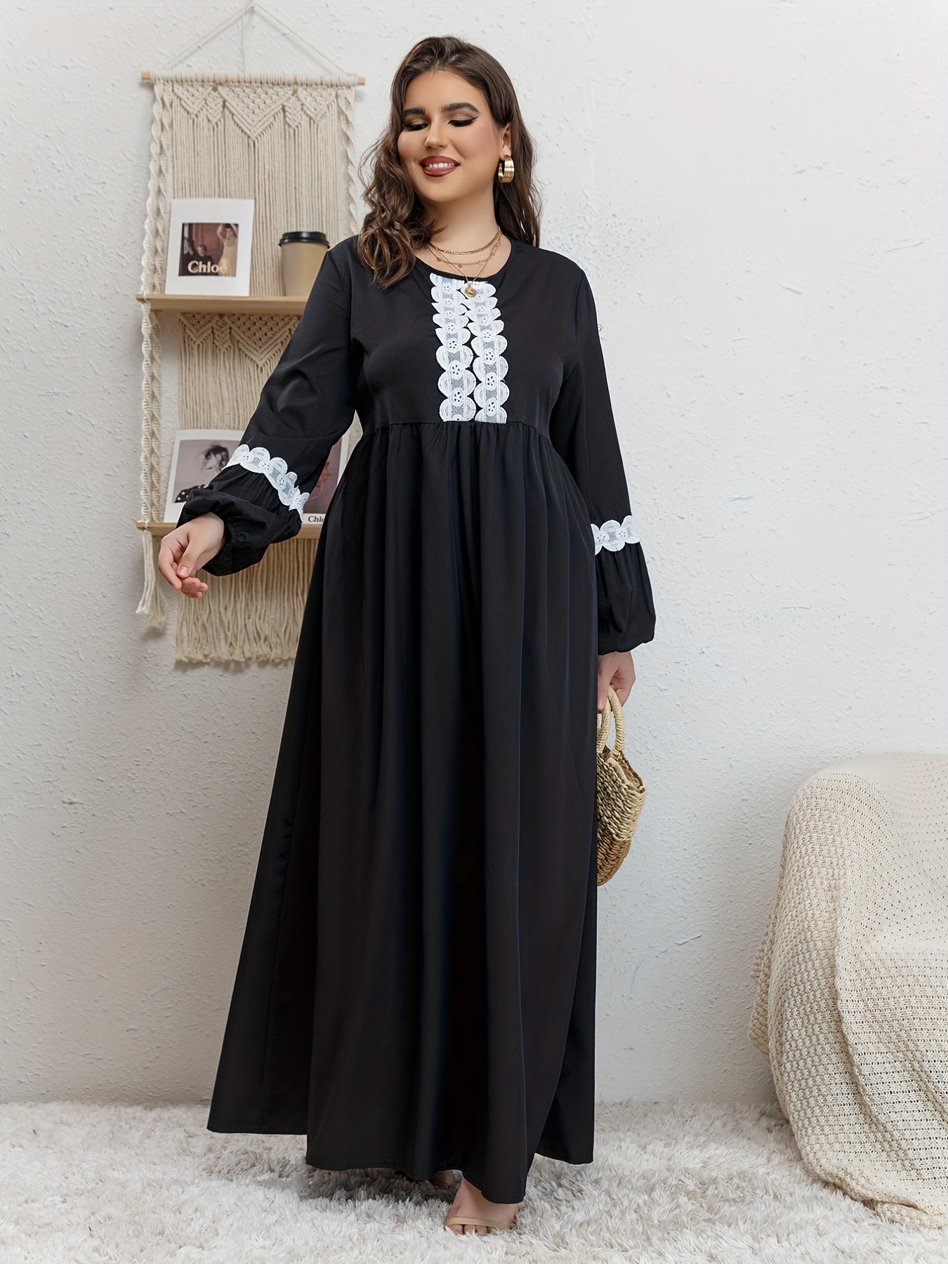 Abaya Dress Women's Plus Contrast Lace Maxi Dress