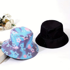 Pentagram Tie Dye Reversible Bucket Hat Unisex Sunscreen Couple Fisherman Cap