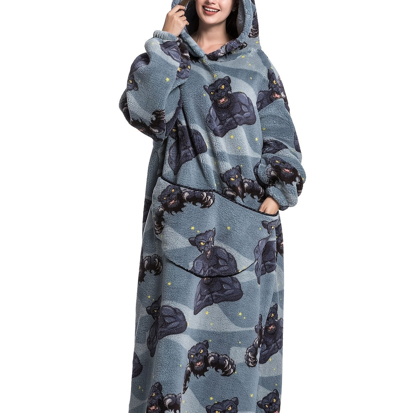 Cartoon Animal Print Hooded Robe Warm & Comfy Long Sleeve Lounge Robe