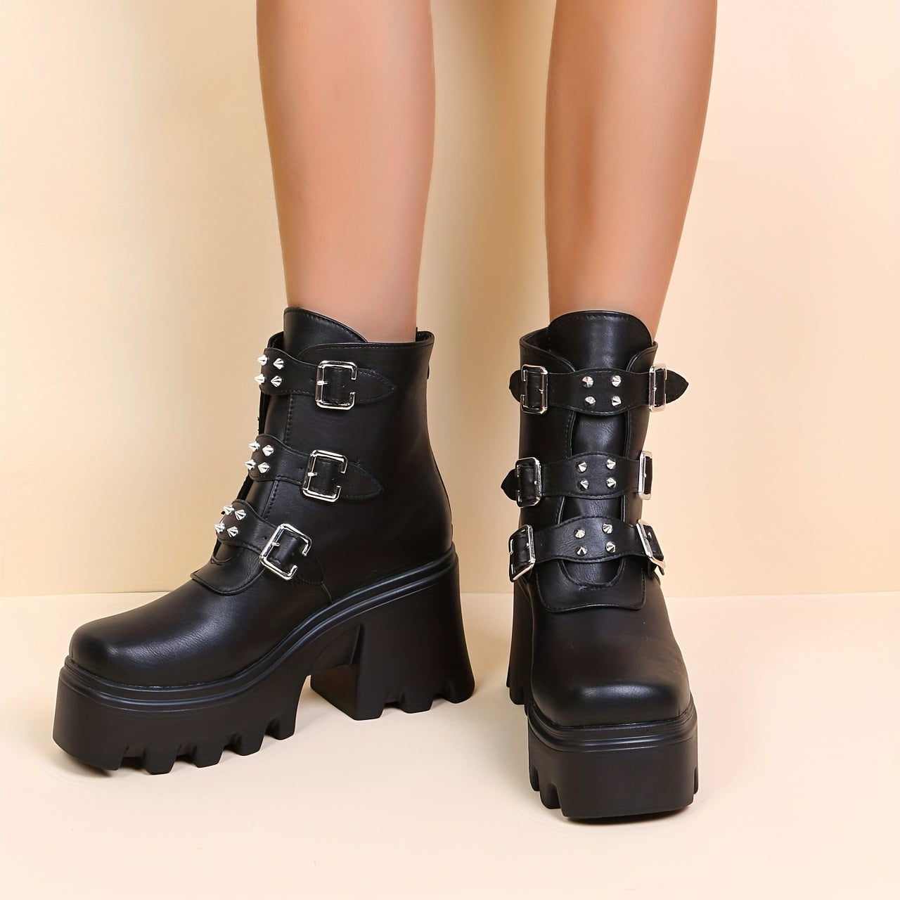 Stylish Rivets Combat Boots with Buckle Strap Chunky Heel Motorcycle Boots