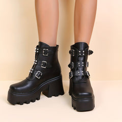 Stylish Rivets Combat Boots with Buckle Strap Chunky Heel Motorcycle Boots