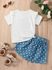 2pcs Girls Ruffle T Shirt & Polka Dot Belted Shorts Set
