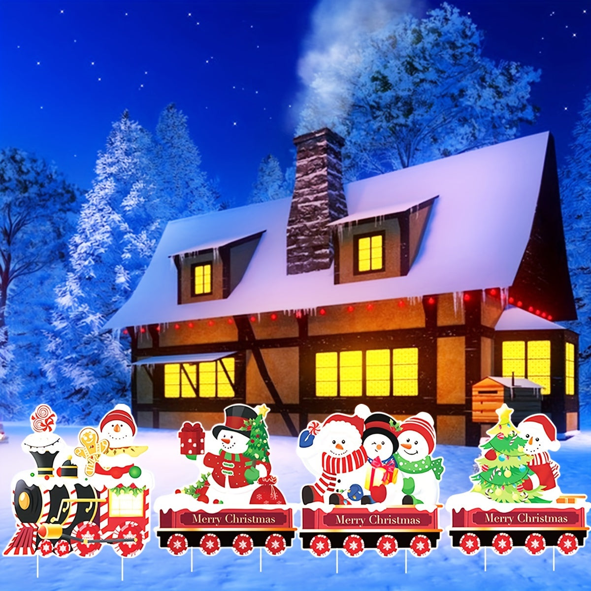 Christmas Train Yard Sign Santa Snowman Tree