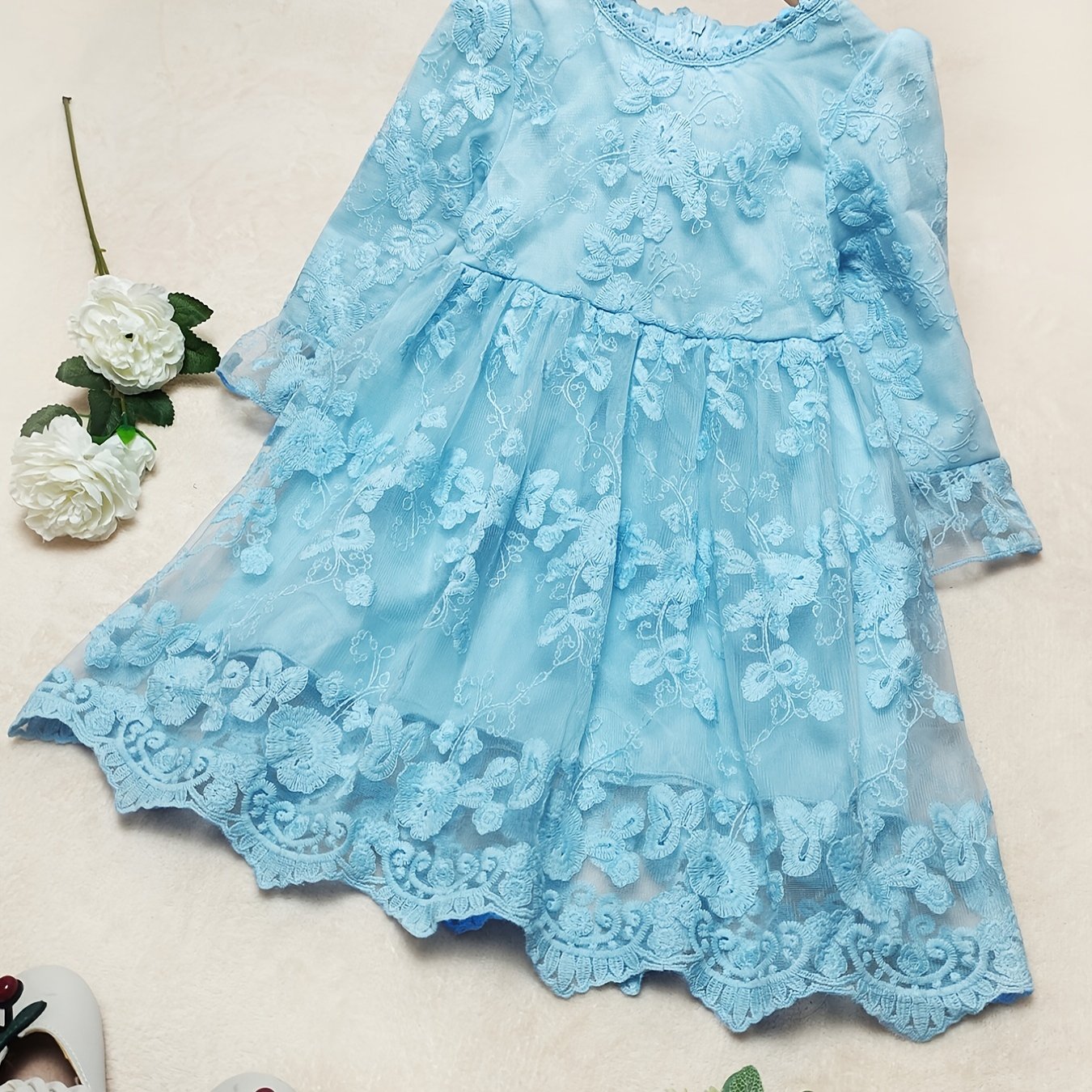 Girls Flower Embroidery Lace Princess Dress Long Sleeve Kids Clothes