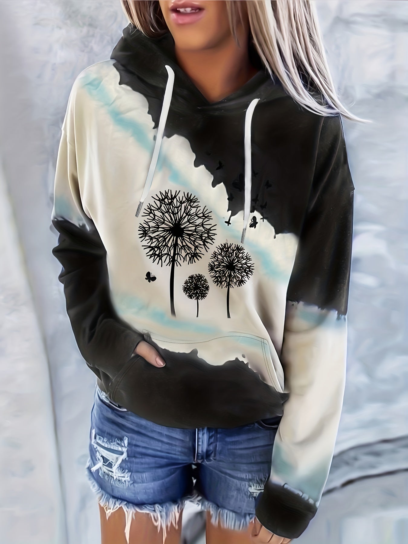 Dandelion Print Kangaroo Pocket Hoodie Long Sleeve Drawstring Hoodie Sweatshirt