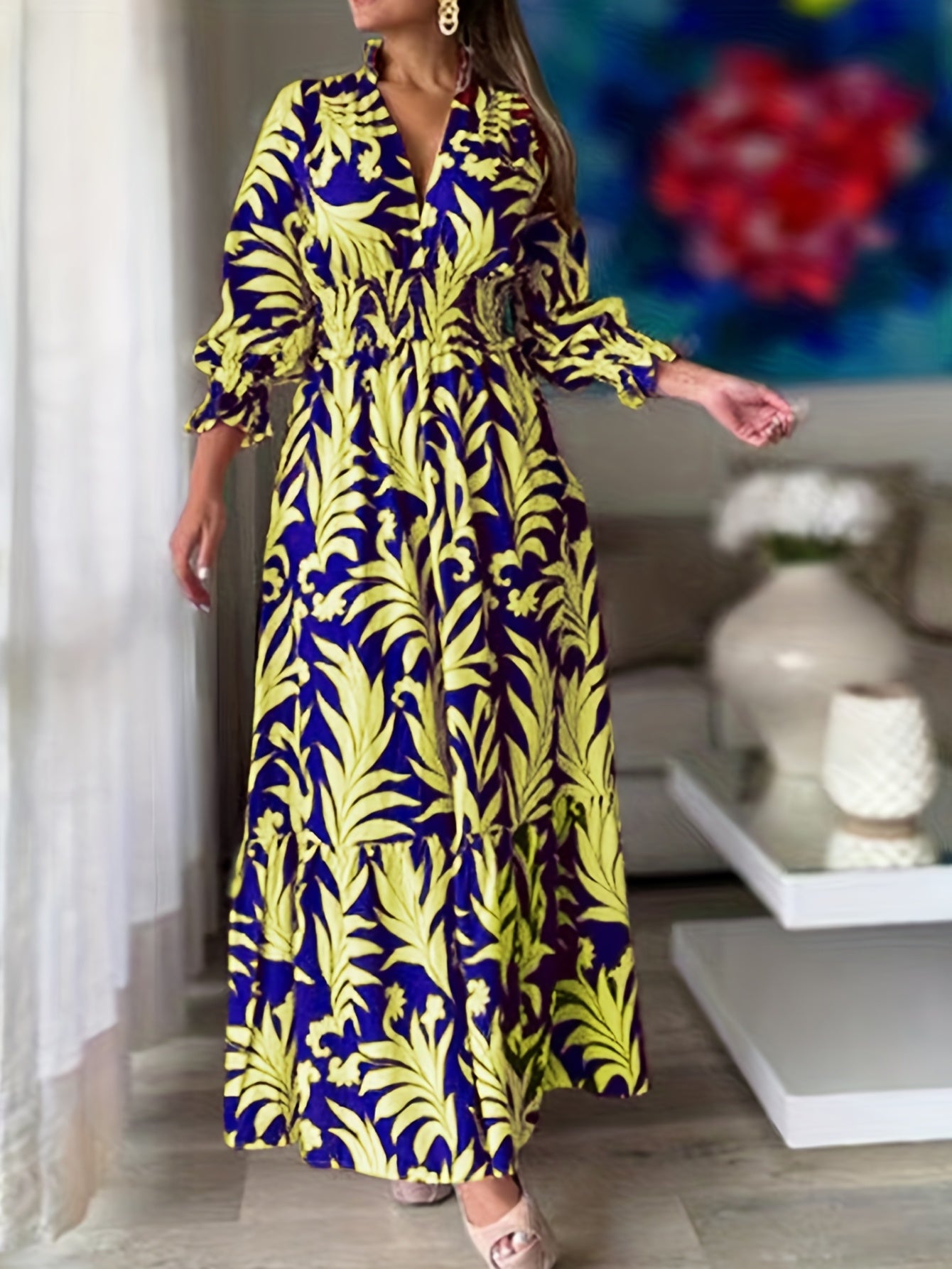 Floral Print Lantern Sleeve Maxi Dress
