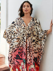 Boho Dress Leopard Floral Print Batwing V Neck Side Split Cover Up
