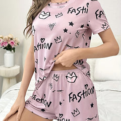 Letter Print Pajama Set Short Sleeve Crew Neck Top & Elastic Waistband Shorts