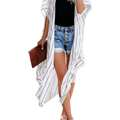 Striped Sheer Blouse Kimono V Neck Cover Up Short Sleeve Beachwear
