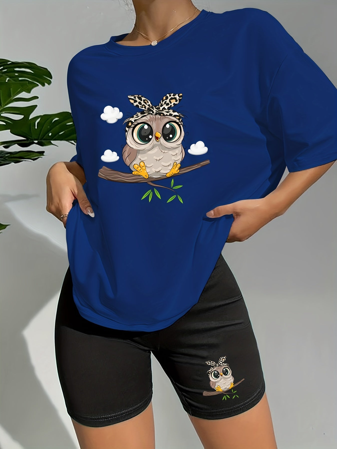 Owl Print Lounge Set Short Sleeve Crew Neck Top & Elastic Shorts