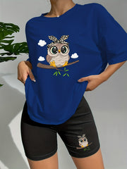 Owl Print Lounge Set Short Sleeve Crew Neck Top & Elastic Shorts