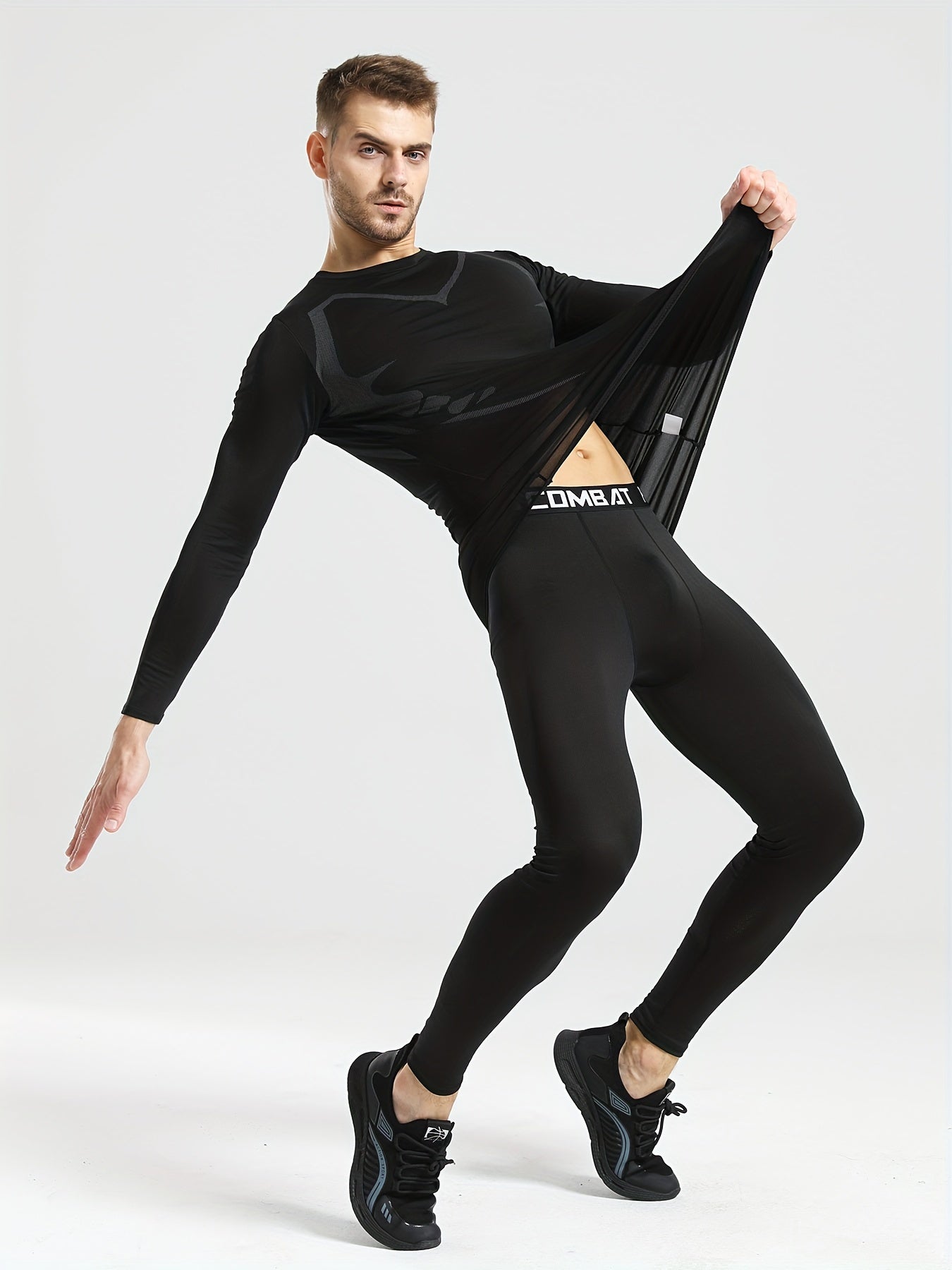 Men's Winter Plush Fitness Tights & Top Pants Set