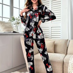 Heart Print Pajama Set Long Sleeve Top & Pants Women's