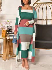 Colorblock Stripe Tube Dress & Cardigan Set