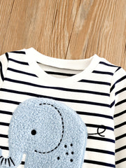 2pcs Baby Boy Elephant Embroidery Plaid Sweatshirt & Elastic Denim Pants Set