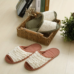 Women's Ruffled Lace Slippers Indoor Open Toe Plaid Comfy Flat Shoes