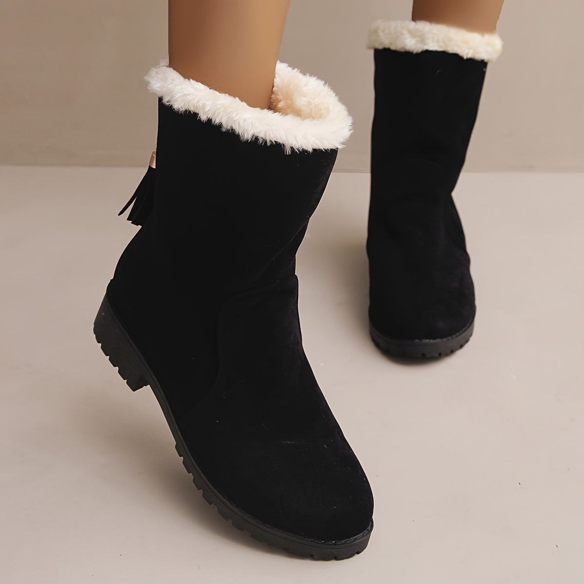 Women's Winter Snow Boots Tassel Plush Inner Low Heel Mid Calf Boots