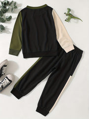 Boys 2pcs Block Sweatshirt & Sweatpants Set for Spring Fall