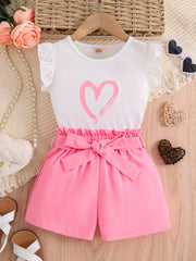 Girls Heart Print Sleeveless Top & Bow Shorts Set for Summer