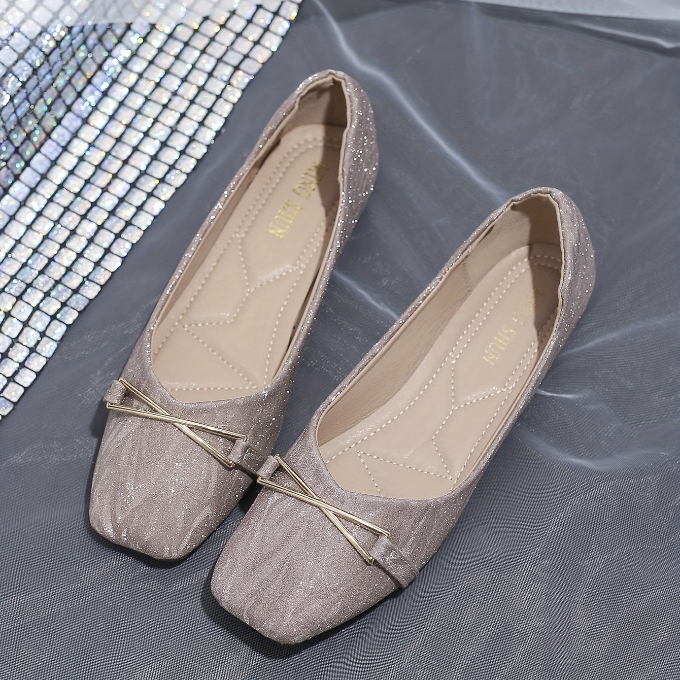 Glitter Ballet Flats Square Toe Walking Shoes Lightweight & Versatile