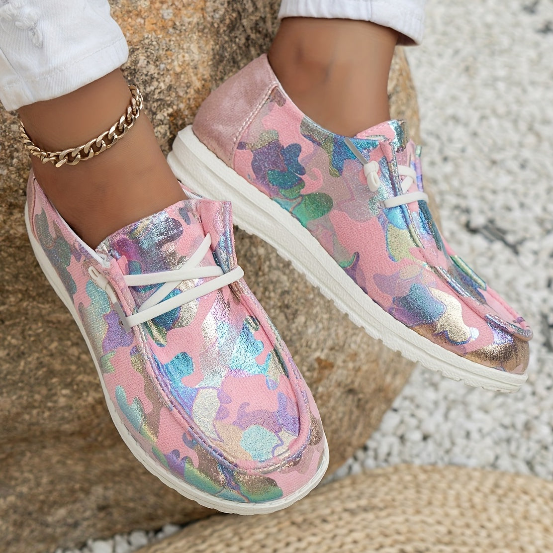 Women's Tie dye Sequins Loafers Slip On Low Flatform Shoes