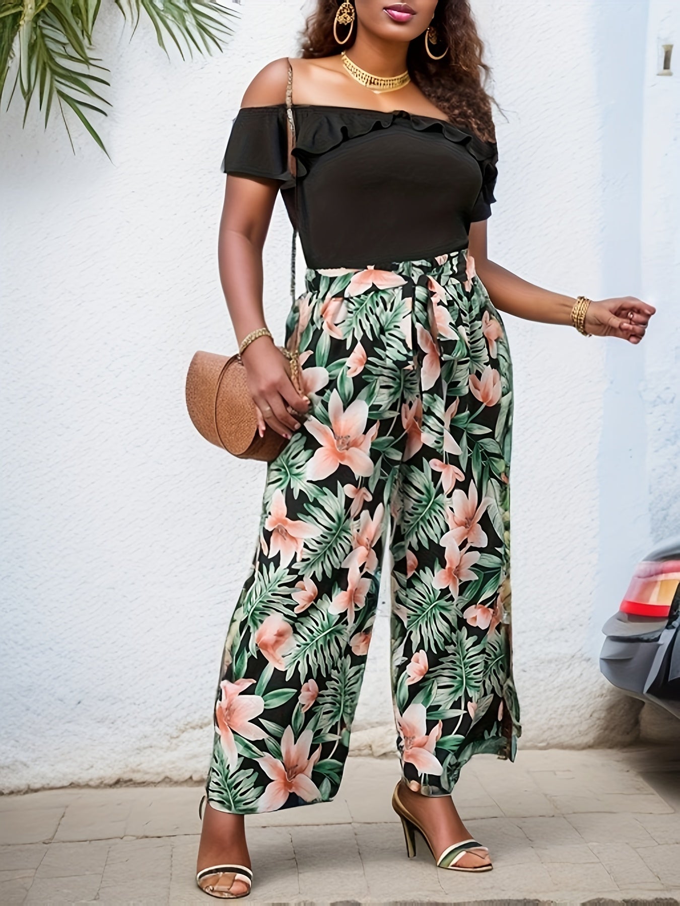 Plus Ruffle Trim Off Shoulder Top & Tropical Print Wide Leg