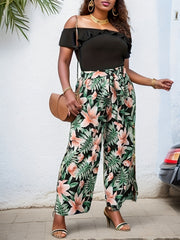 Plus Ruffle Trim Off Shoulder Top & Tropical Print Wide Leg