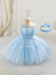 Girls Sleeveless Mesh Tutu Dress & Bow Headband Set for Party