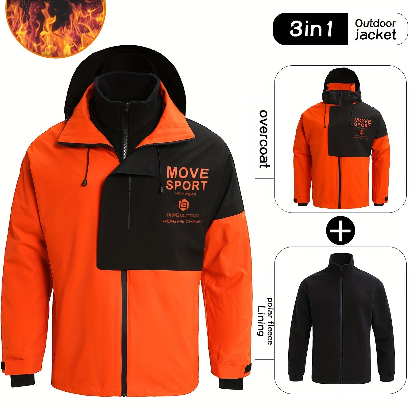 Men's 3 In 1 Block Casual Outdoor Zip Hooded Windbreaker Jacket