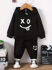 Boy's Cartoon Face 2pcs Hoodie & Sweatpants Set