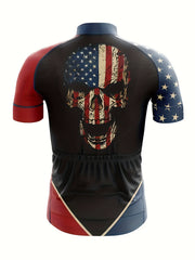 YTCYCLE Skeleton Head & US Flag Men's Zip Up Short Sleeve Cycling Jersey