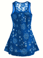 Gothic Sun & Moon Mesh Tank Top, Crew Neck Sleeveless Summer Top