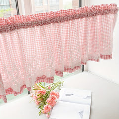 Pastoral Style Plaid Yarn Short Curtain with Pink Lace Head Rod Pocket