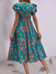Floral Print Ruffle Dress V Neck Short Sleeve Shirred Dress