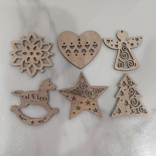 6pcs Wooden Christmas Snowflake Rocking Horse Pentagram Angel Love Tree Decor