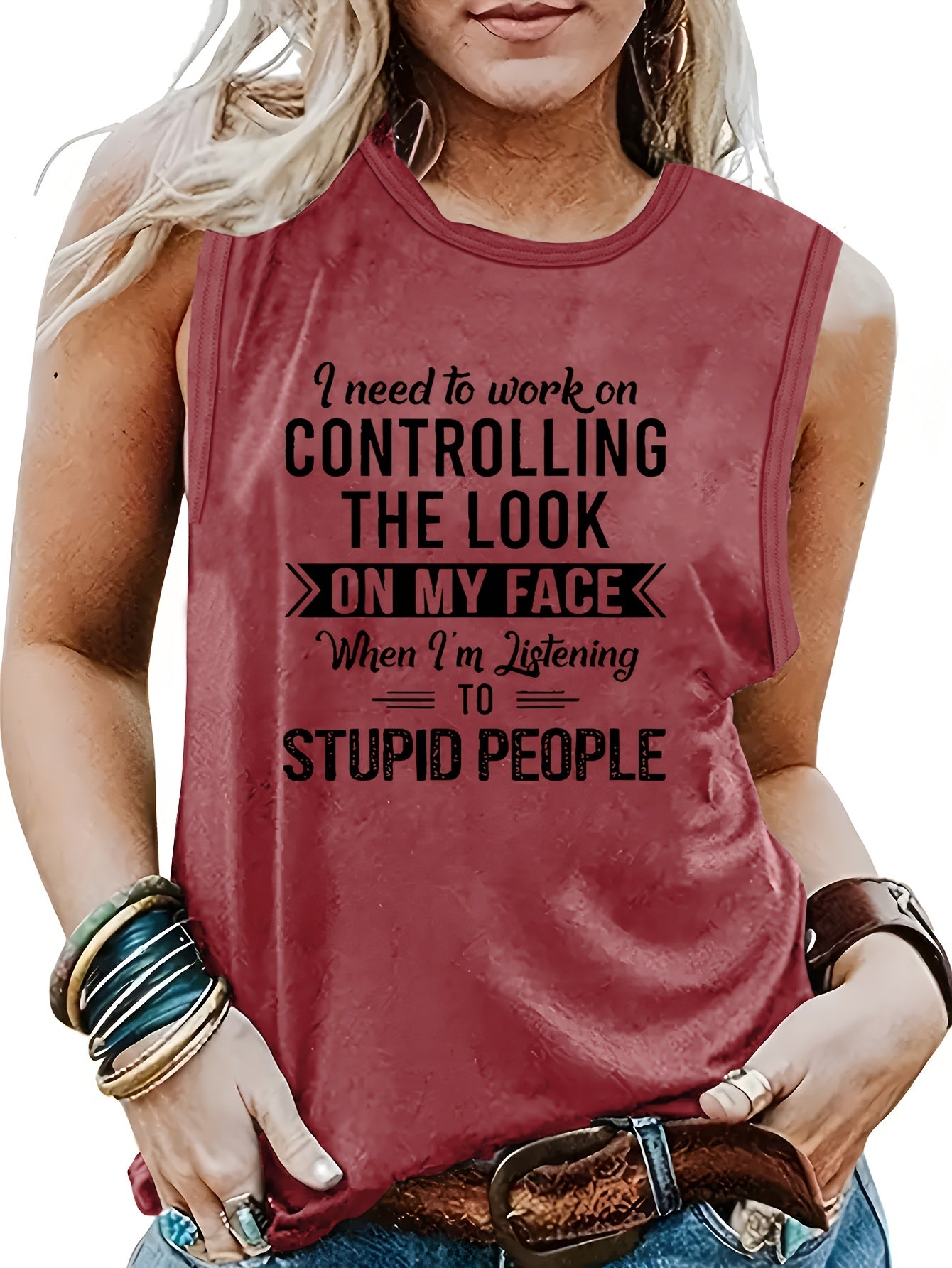 Letter Print Crew Neck Tank Top Summer Women's Clothing