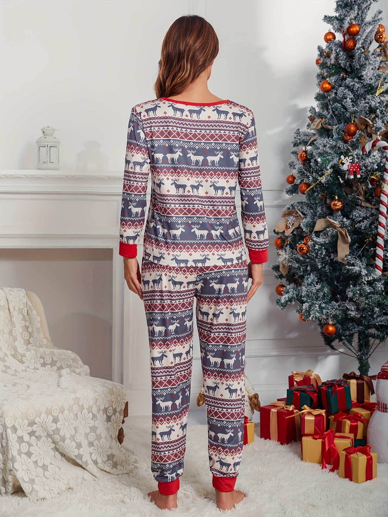 Christmas Elk Print Pajama Set Long Sleeve Top & Pants Women's Sleepwear