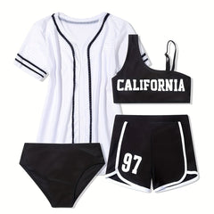 4pcs California Print Swimwear Set for Girls