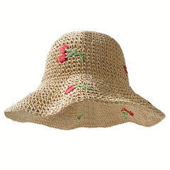 Vintage Straw Bucket Hat Cherry Ruffles Sun Hat