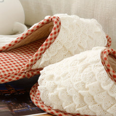 Women's Ruffled Lace Slippers Indoor Open Toe Plaid Comfy Flat Shoes