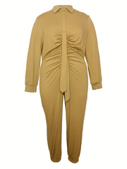 Solid Long Sleeve Turn Down Collar Jumpsuit