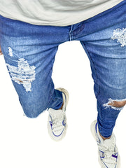 Slim Fit Ripped Jeans Men's Casual Street Style Distressed Mid Stretch Denim Pan