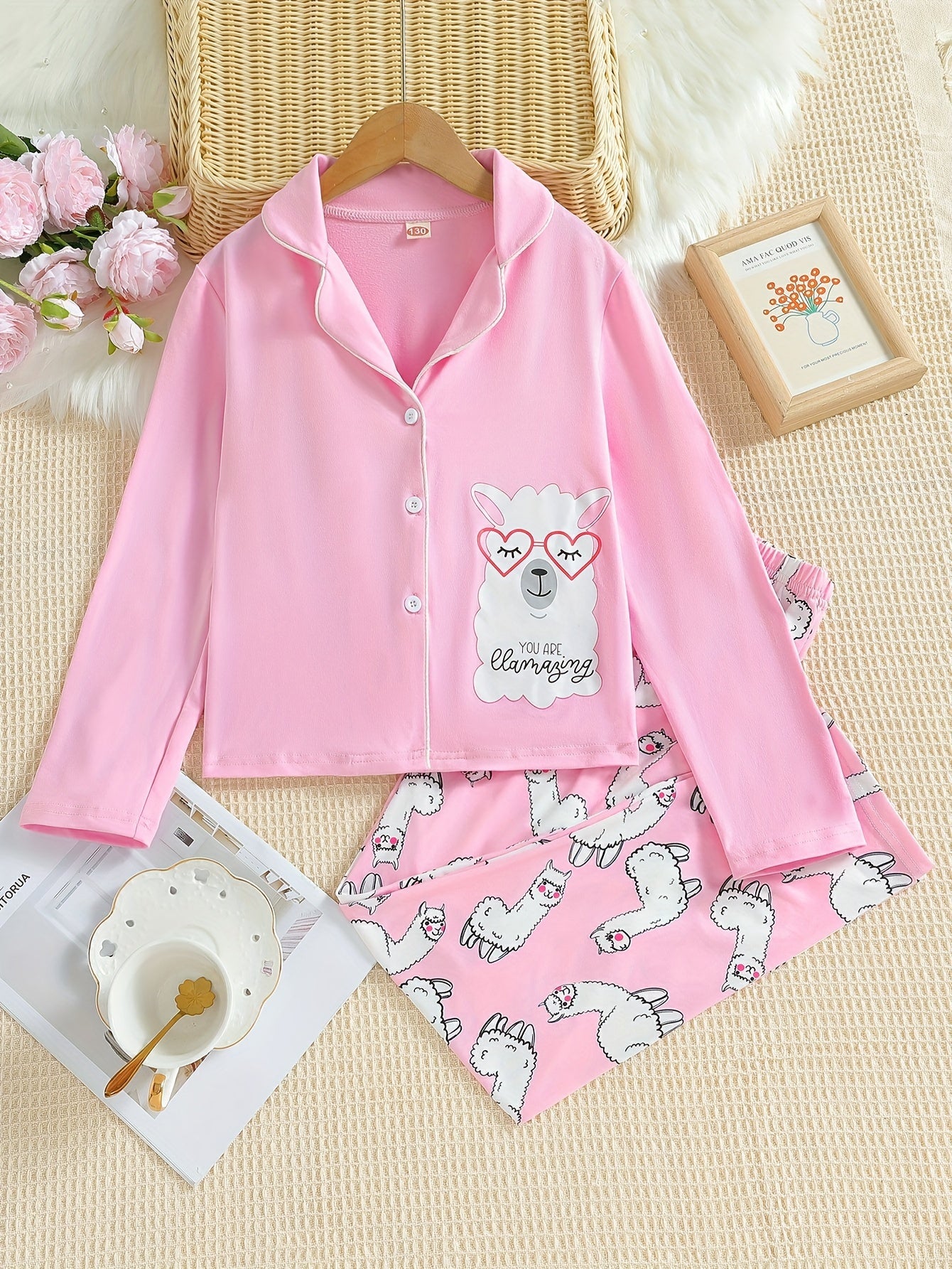 Alpaca Pattern Pajamas Button Front Top & Pants Set