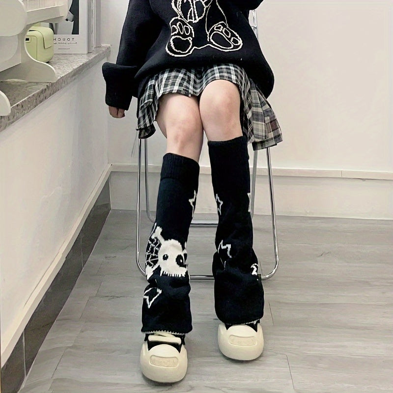 Skull & Star Print Leg Warmers Y2K Knee High Socks Women's Stockings
