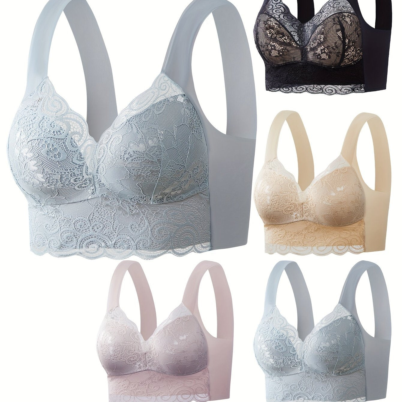 5pcs Lace Wireless Full Coverage Bras Women's Lingerie