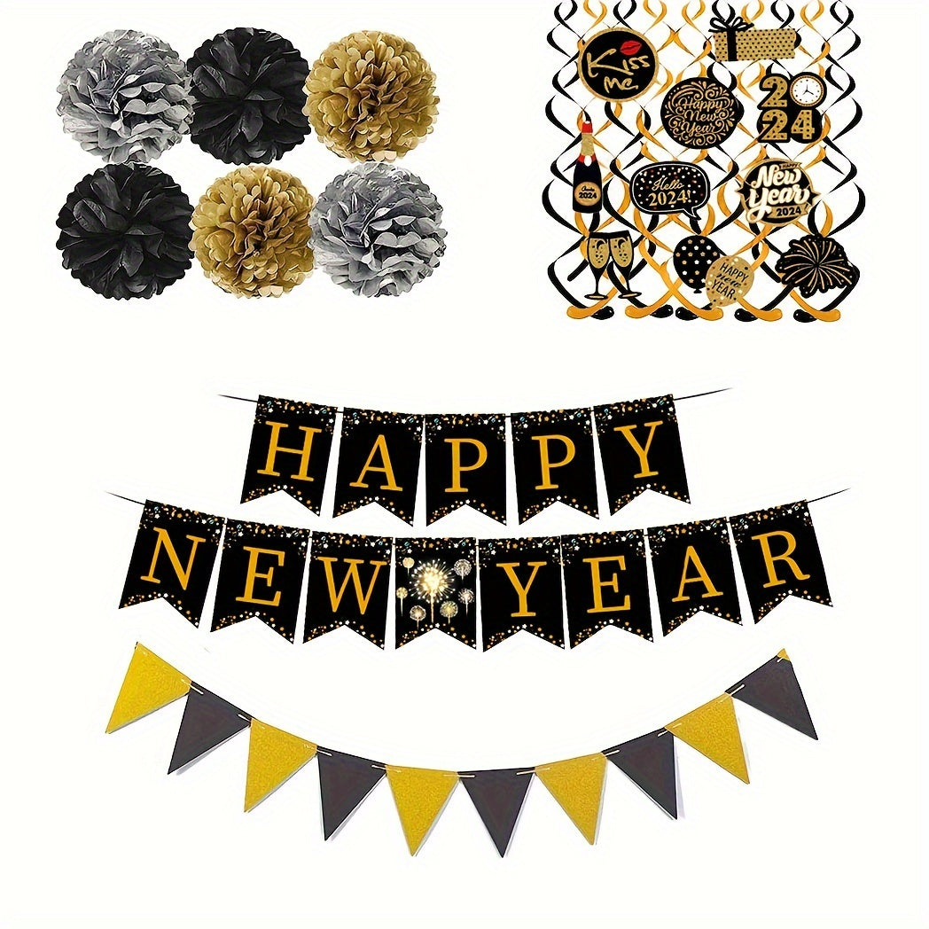 Happy Year Banner Golden Bunting Swirls Pom Poms Party Decor