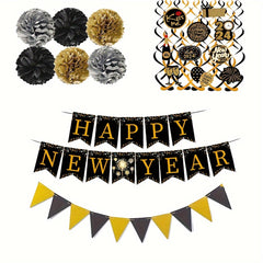 Happy Year Banner Golden Bunting Swirls Pom Poms Party Decor
