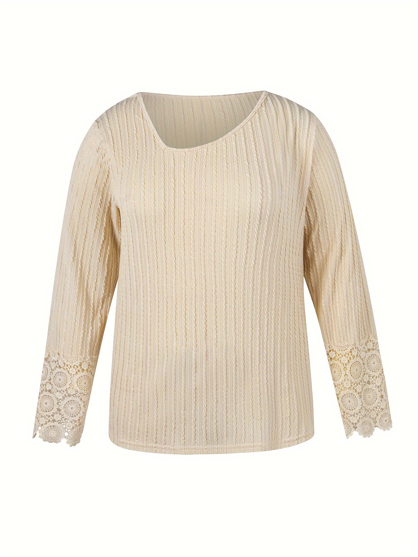 Cable Knit Lace Sleeve Top Irregular Neck Medium Stretch