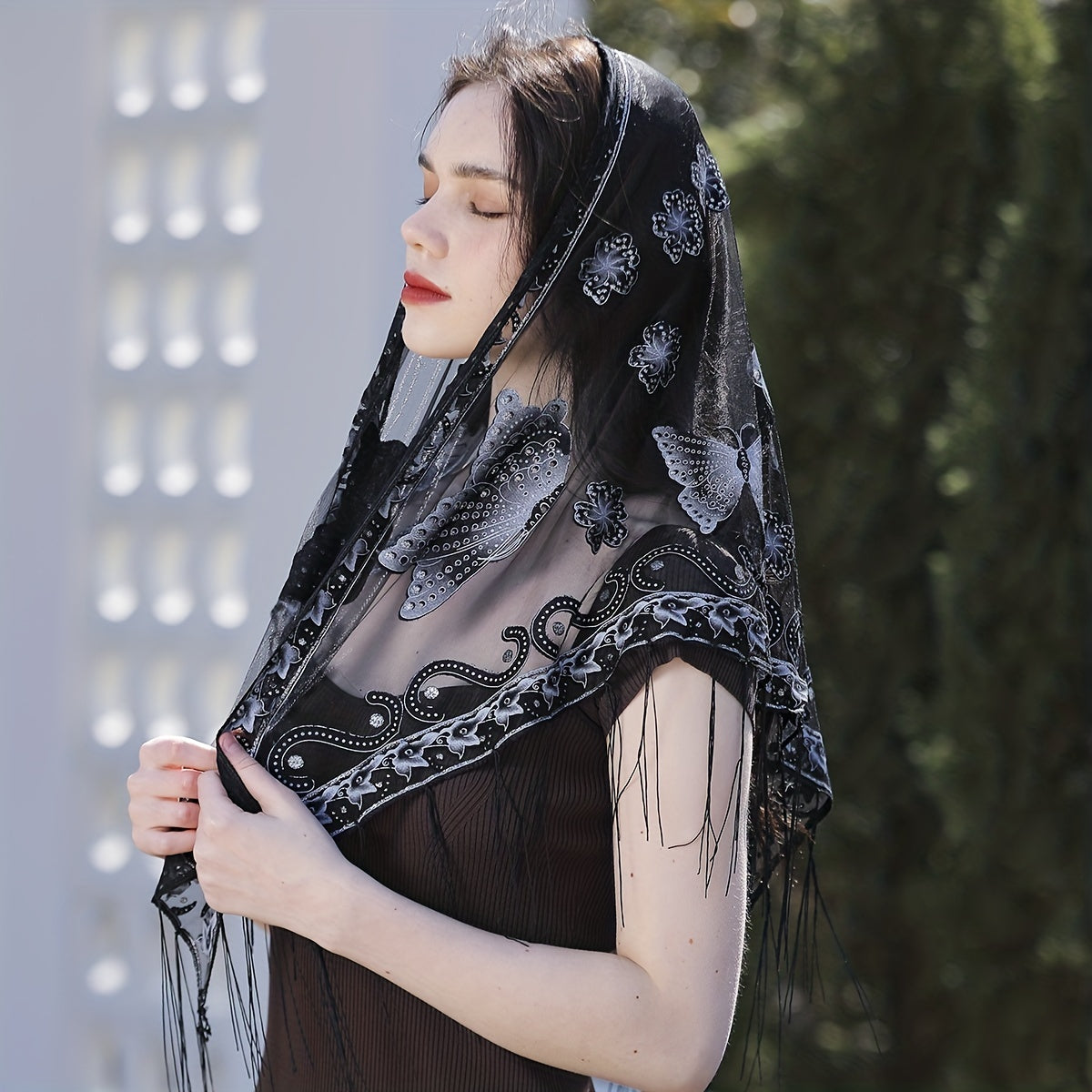 Long Tassel Triangle Scarf Butterfly Embroidery Shawl Women Outdoor